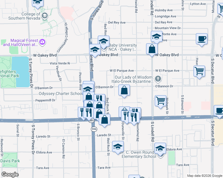 map of restaurants, bars, coffee shops, grocery stores, and more near 5925 O'Bannon Drive in Las Vegas