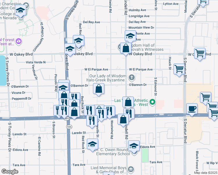 map of restaurants, bars, coffee shops, grocery stores, and more near 2175 Westwind Road in Las Vegas