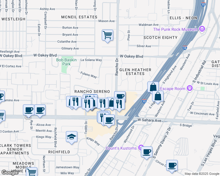 map of restaurants, bars, coffee shops, grocery stores, and more near 2100 Westlund Drive in Las Vegas