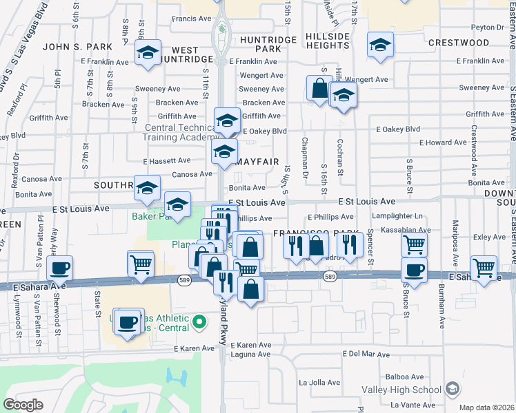 map of restaurants, bars, coffee shops, grocery stores, and more near 1406 Bonita Avenue in Las Vegas