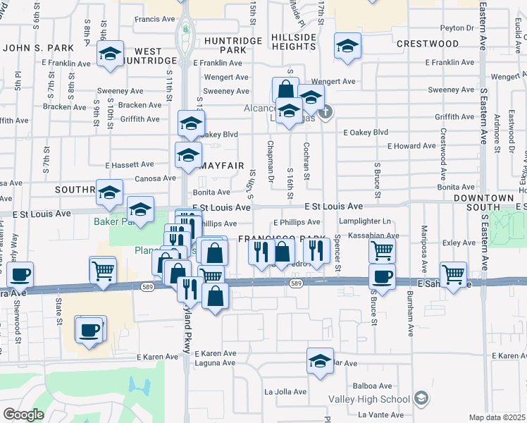 map of restaurants, bars, coffee shops, grocery stores, and more near 1506 East Saint Louis Avenue in Las Vegas