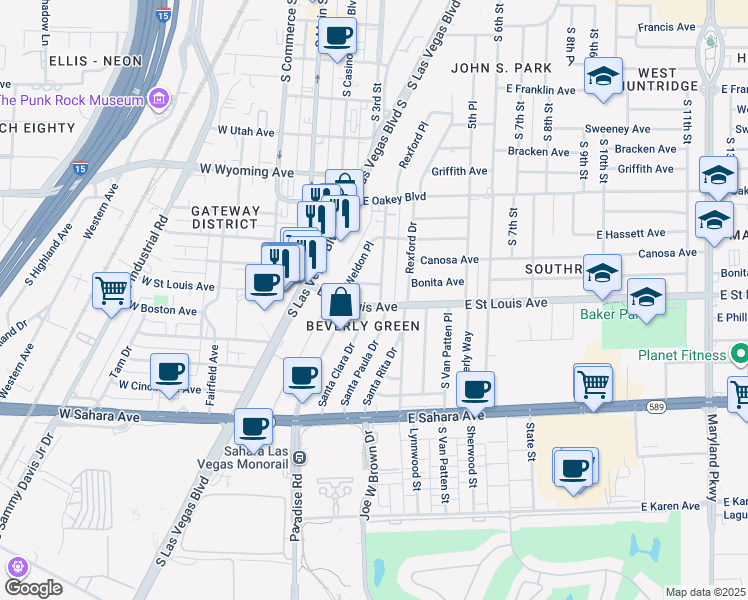 map of restaurants, bars, coffee shops, grocery stores, and more near 1909 Weldon Place in Las Vegas