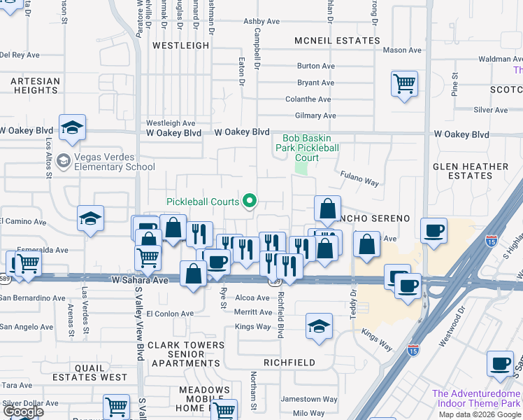 map of restaurants, bars, coffee shops, grocery stores, and more near 2108 Calle de Espana in Las Vegas