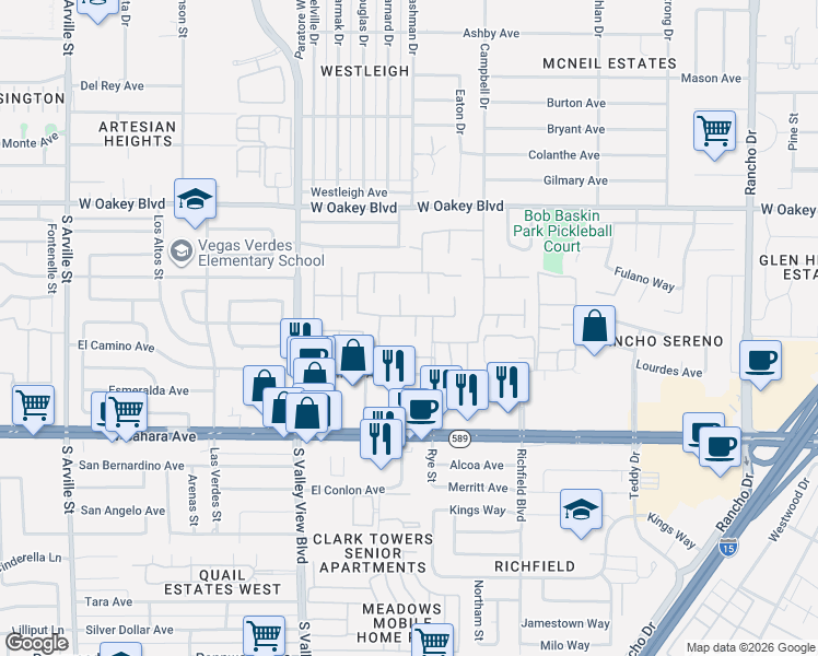 map of restaurants, bars, coffee shops, grocery stores, and more near 2117 Plaza Del Fuentes in Las Vegas