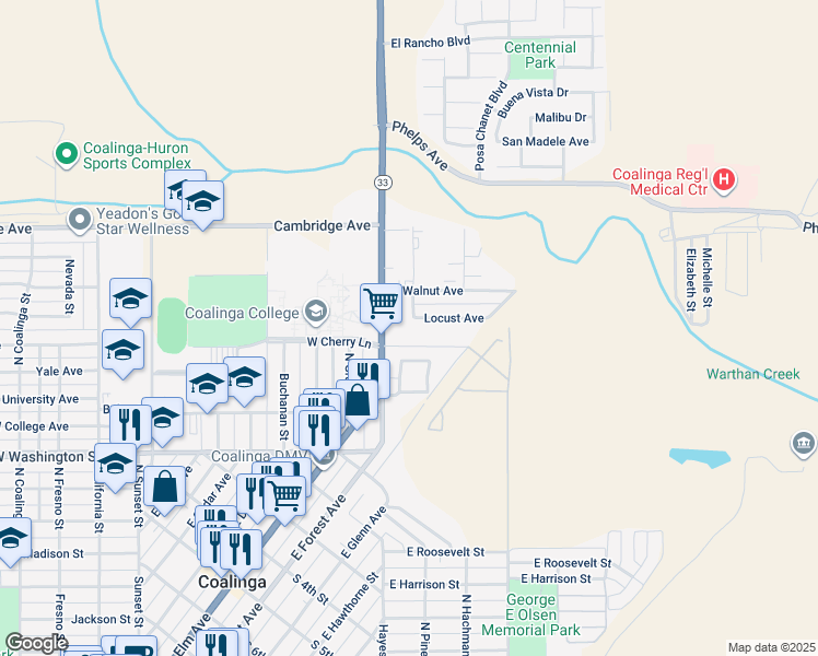 map of restaurants, bars, coffee shops, grocery stores, and more near 100 East Walnut Avenue in Coalinga