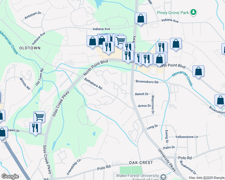 map of restaurants, bars, coffee shops, grocery stores, and more near 614 Timberline Ridge Lane in Winston-Salem
