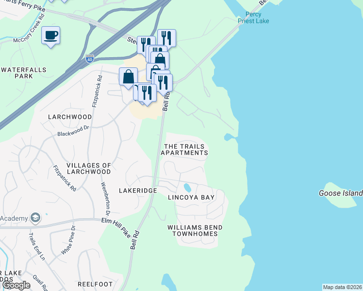 map of restaurants, bars, coffee shops, grocery stores, and more near 143 Trails Circle in Nashville