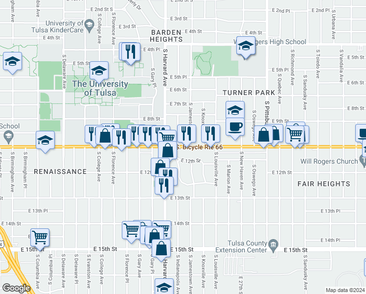 map of restaurants, bars, coffee shops, grocery stores, and more near 844 South Jamestown Avenue in Tulsa