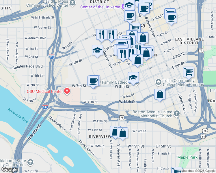 map of restaurants, bars, coffee shops, grocery stores, and more near 315w West 7th Street in Tulsa
