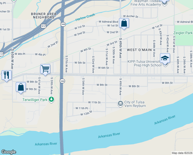 map of restaurants, bars, coffee shops, grocery stores, and more near 5133 West 7th Street in Tulsa