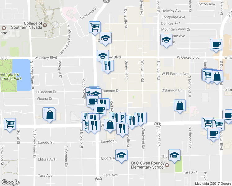 map of restaurants, bars, coffee shops, grocery stores, and more near 5925 O'Bannon Drive in Las Vegas