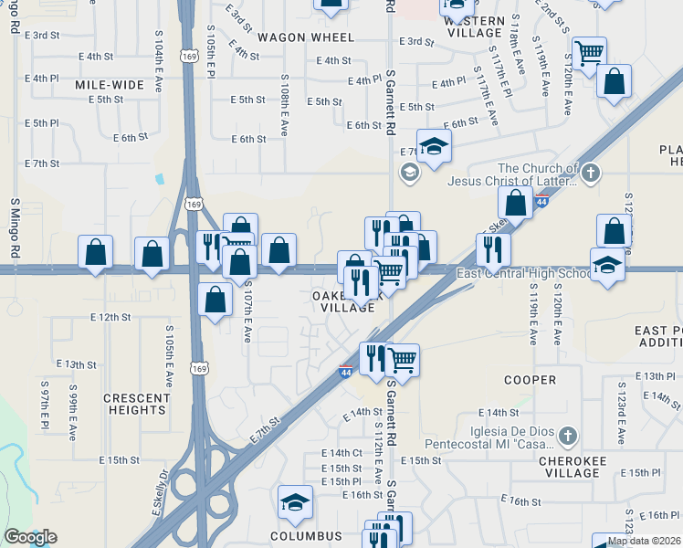 map of restaurants, bars, coffee shops, grocery stores, and more near 1131 South 110th East Avenue in Tulsa