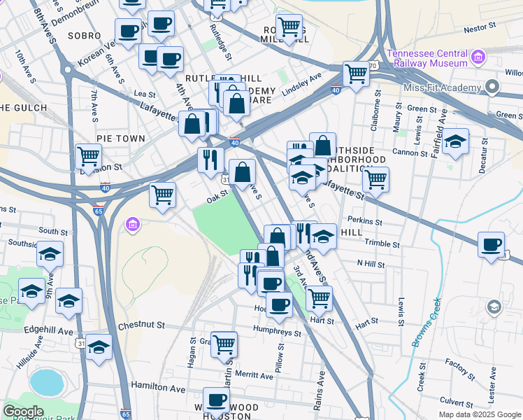 map of restaurants, bars, coffee shops, grocery stores, and more near 1010 3rd Avenue South in Nashville