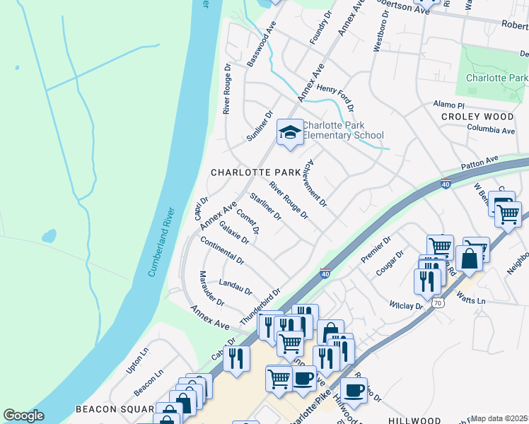 map of restaurants, bars, coffee shops, grocery stores, and more near 538 Starliner Drive in Nashville