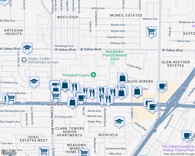 map of restaurants, bars, coffee shops, grocery stores, and more near 2108 Calle de Espana in Las Vegas