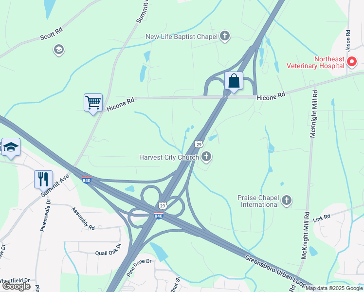 map of restaurants, bars, coffee shops, grocery stores, and more near 5010 Langside Road in Greensboro