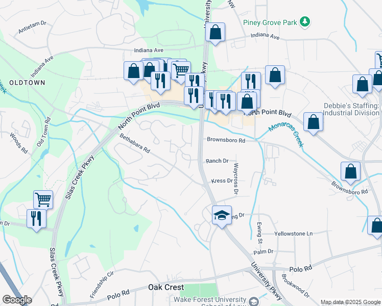 map of restaurants, bars, coffee shops, grocery stores, and more near 714 Scholastic Court in Winston-Salem