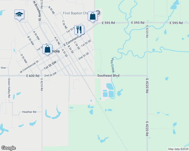 map of restaurants, bars, coffee shops, grocery stores, and more near 308 East 600 Road in Inola