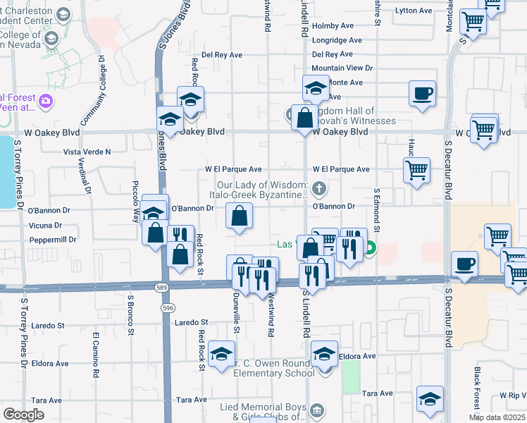 map of restaurants, bars, coffee shops, grocery stores, and more near 2175 Westwind Road in Las Vegas
