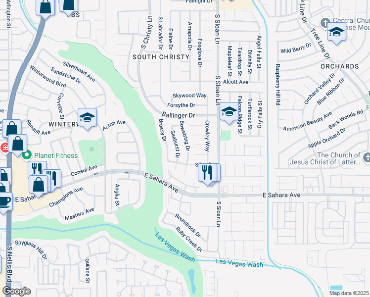 map of restaurants, bars, coffee shops, grocery stores, and more near 2229 Bowstring Drive in Las Vegas
