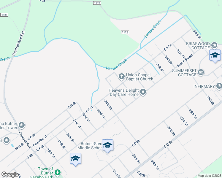 map of restaurants, bars, coffee shops, grocery stores, and more near 809 East F Street in Butner