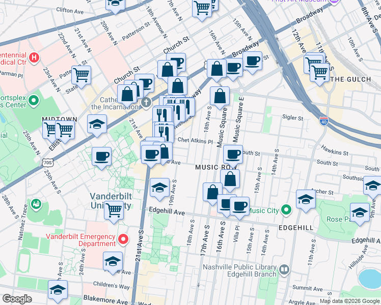 map of restaurants, bars, coffee shops, grocery stores, and more near 901 19th Avenue South in Nashville