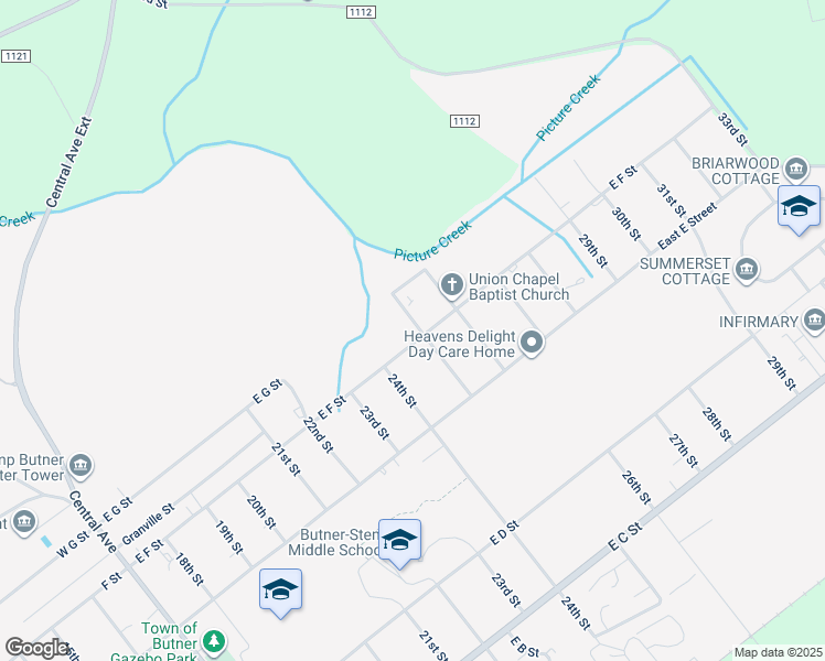 map of restaurants, bars, coffee shops, grocery stores, and more near 809 East F Street in Butner