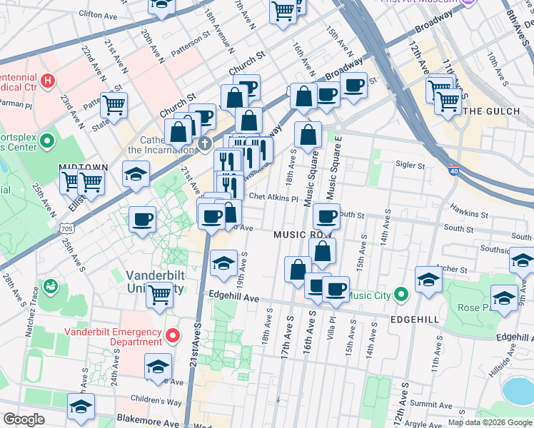 map of restaurants, bars, coffee shops, grocery stores, and more near 901 19th Avenue South in Nashville
