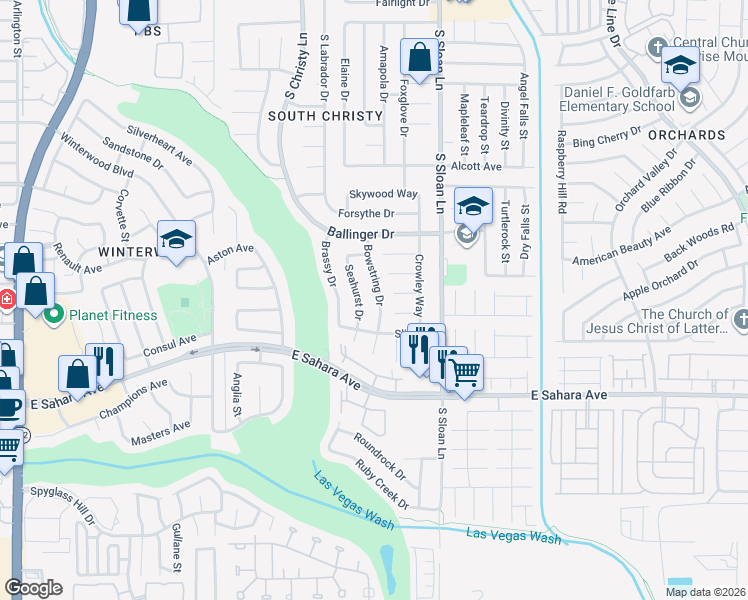 map of restaurants, bars, coffee shops, grocery stores, and more near 2229 Bowstring Drive in Las Vegas