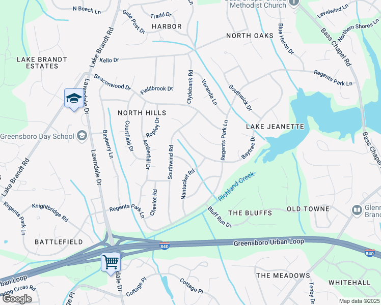 map of restaurants, bars, coffee shops, grocery stores, and more near 2614 Baytree Drive in Greensboro