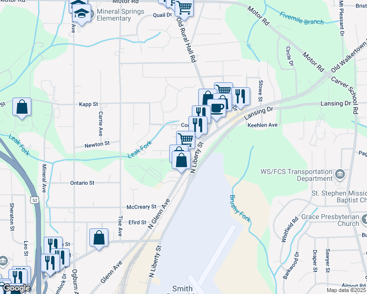 map of restaurants, bars, coffee shops, grocery stores, and more near 1111 Cayuga Street in Winston-Salem