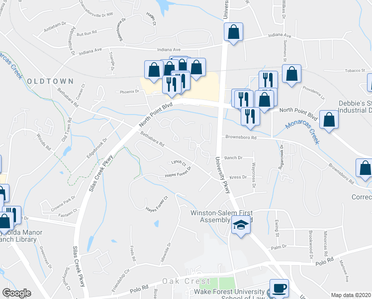 map of restaurants, bars, coffee shops, grocery stores, and more near 813 Timberline Ridge Court in Winston-Salem