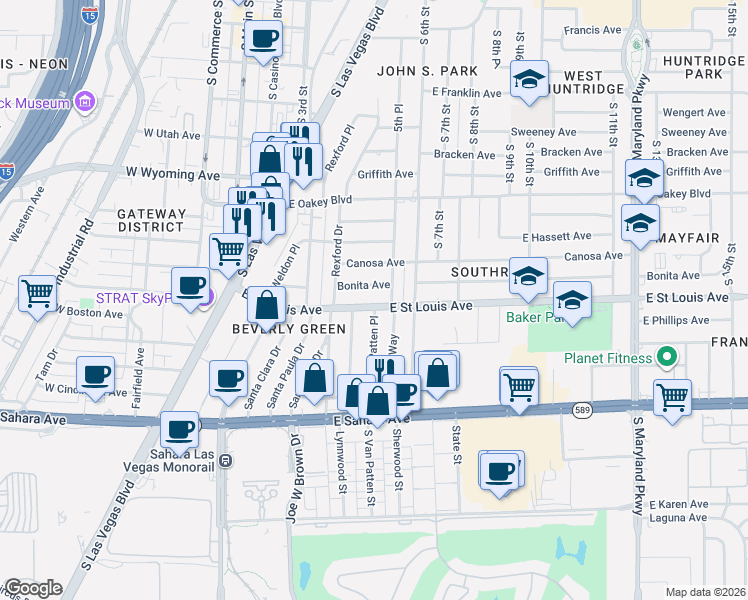 map of restaurants, bars, coffee shops, grocery stores, and more near 577 Bonita Avenue in Las Vegas