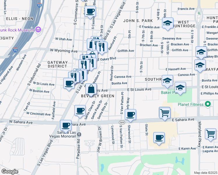 map of restaurants, bars, coffee shops, grocery stores, and more near 1909 Santa Paula Drive in Las Vegas