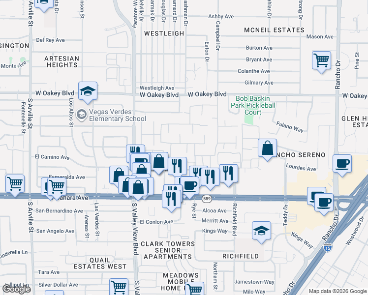 map of restaurants, bars, coffee shops, grocery stores, and more near 2117 Plaza Del Fuentes in Las Vegas