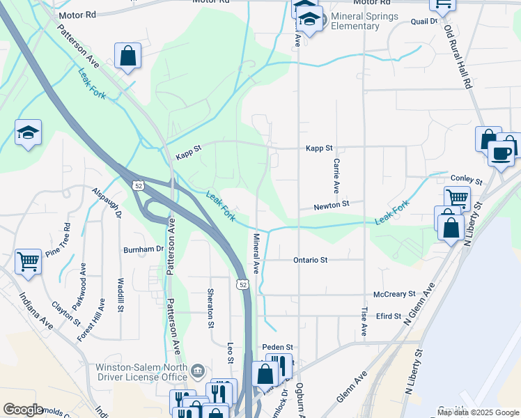 map of restaurants, bars, coffee shops, grocery stores, and more near 550 Newton Street in Winston-Salem