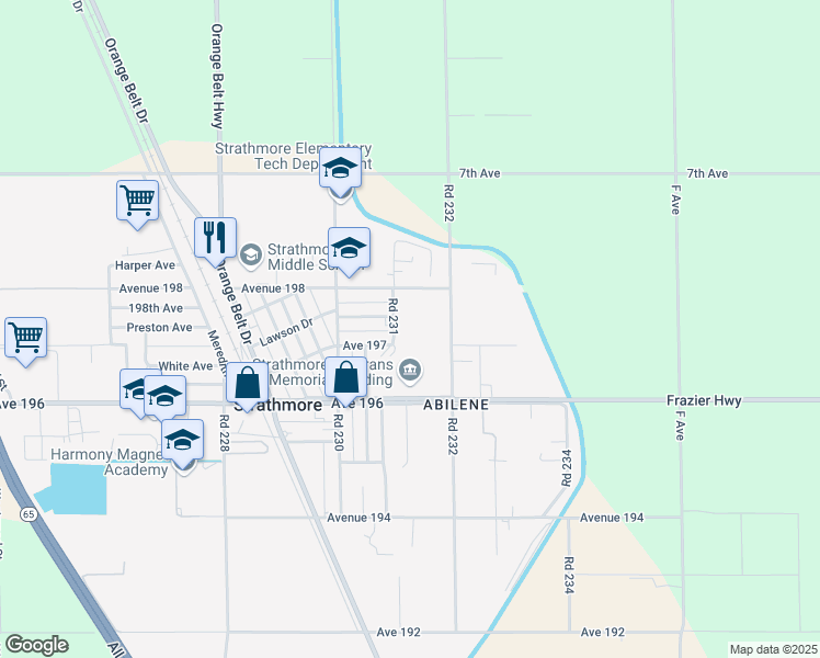 map of restaurants, bars, coffee shops, grocery stores, and more near 19734 Road 231 in Strathmore