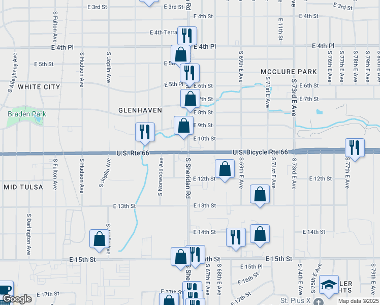 map of restaurants, bars, coffee shops, grocery stores, and more near 6500 Route 66 in Tulsa