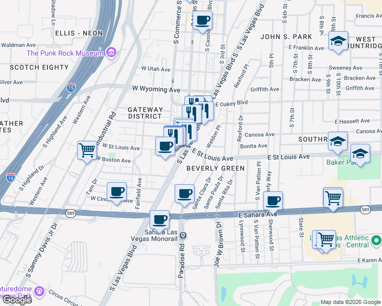 map of restaurants, bars, coffee shops, grocery stores, and more near in Las Vegas