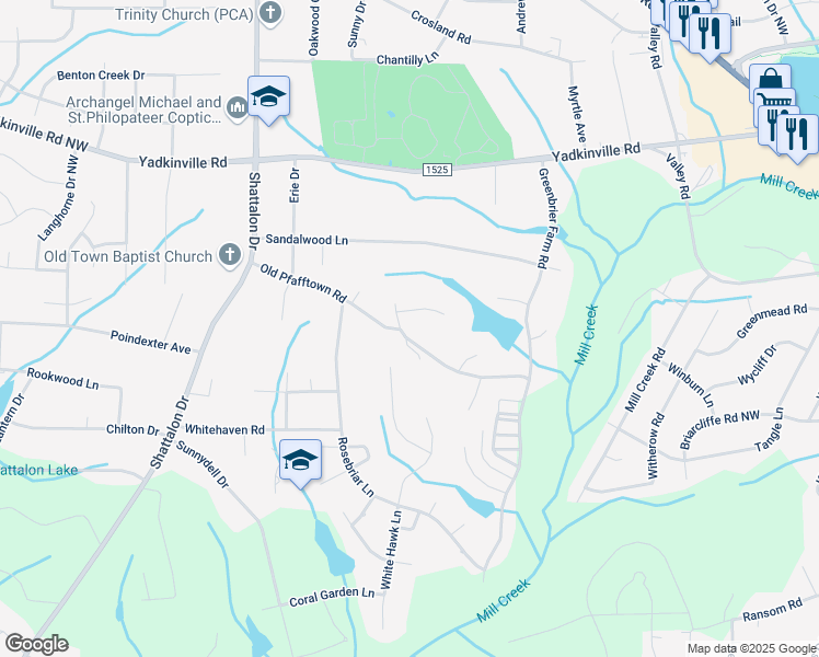 map of restaurants, bars, coffee shops, grocery stores, and more near 3717 Old Pfafftown Road in Winston-Salem