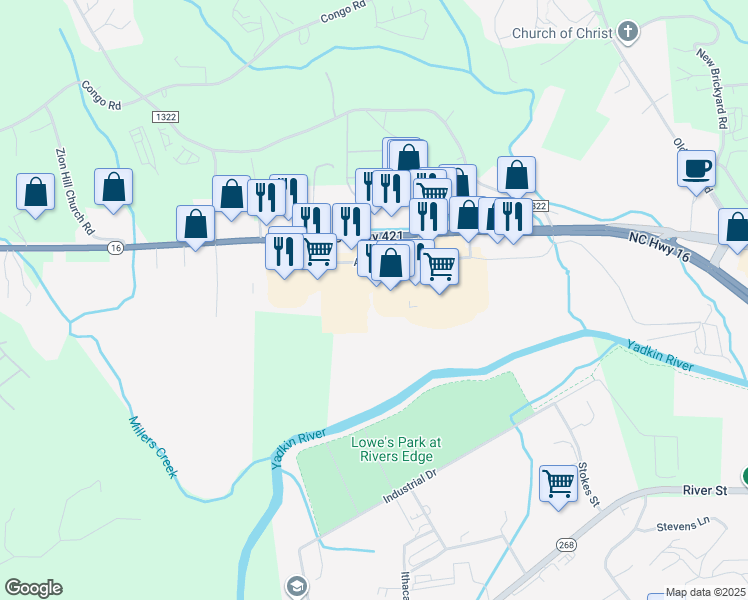 map of restaurants, bars, coffee shops, grocery stores, and more near 1907 U.S. 421 in Wilkesboro