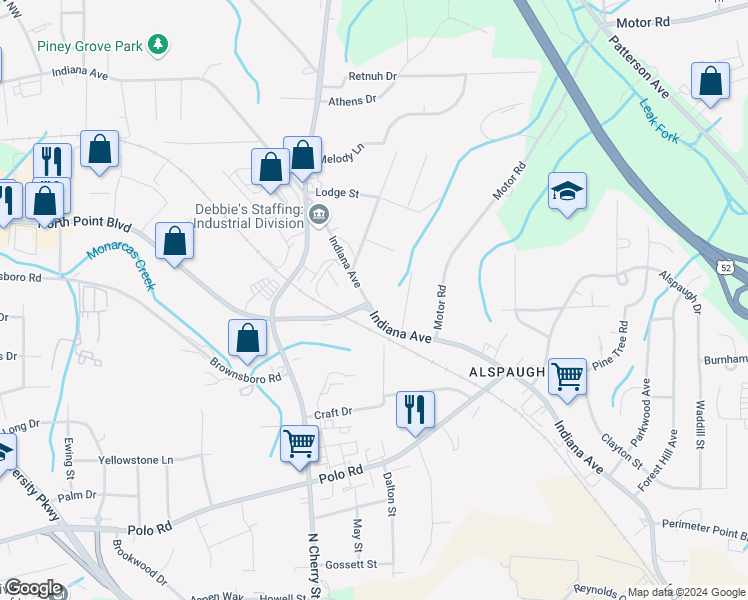 map of restaurants, bars, coffee shops, grocery stores, and more near 4365 Indiana Avenue in Winston-Salem