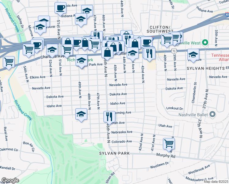 map of restaurants, bars, coffee shops, grocery stores, and more near 4501 Nevada Avenue in Nashville