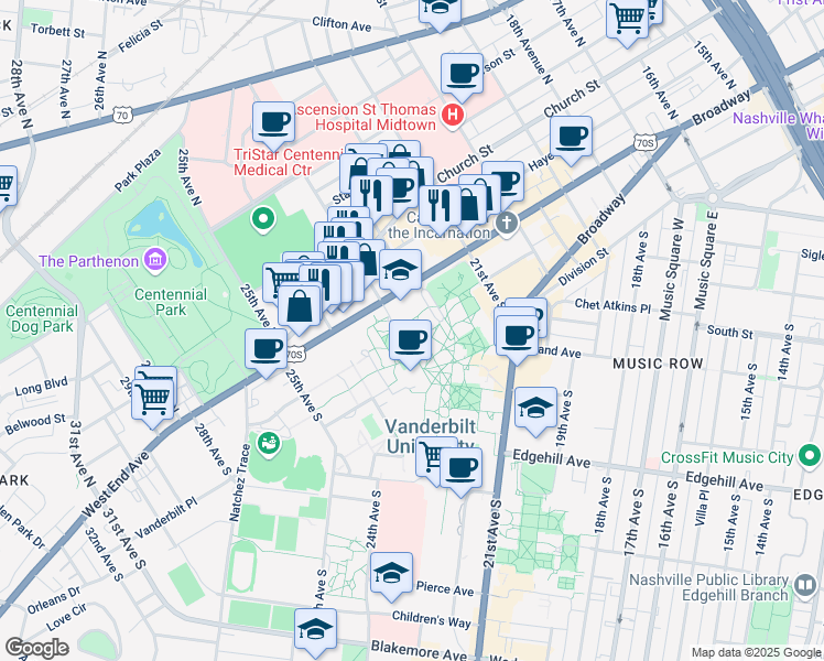 map of restaurants, bars, coffee shops, grocery stores, and more near 2205 West End Avenue in Nashville