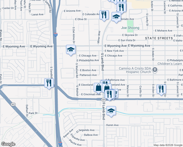 map of restaurants, bars, coffee shops, grocery stores, and more near 4140 East Boston Avenue in Las Vegas