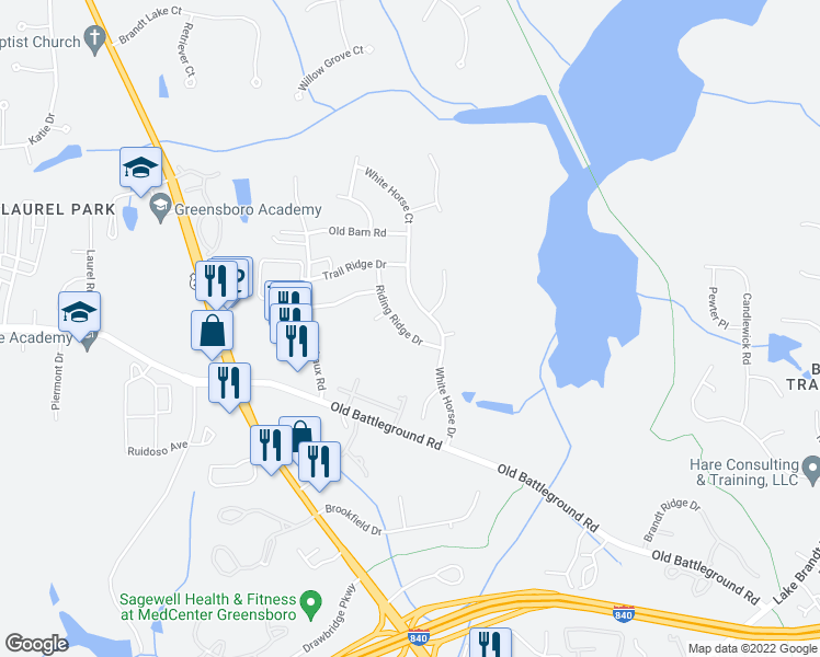 map of restaurants, bars, coffee shops, grocery stores, and more near 4906 Riding Ridge Drive in Greensboro
