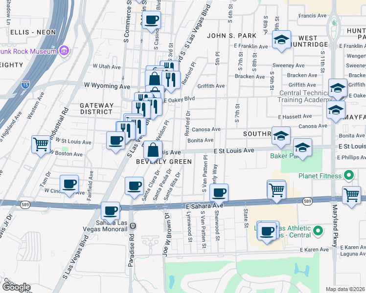 map of restaurants, bars, coffee shops, grocery stores, and more near 1909 Santa Paula Drive in Las Vegas