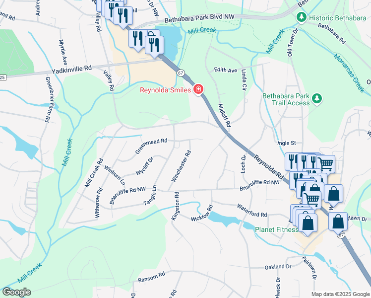 map of restaurants, bars, coffee shops, grocery stores, and more near 4050 Greenmead Road in Winston-Salem