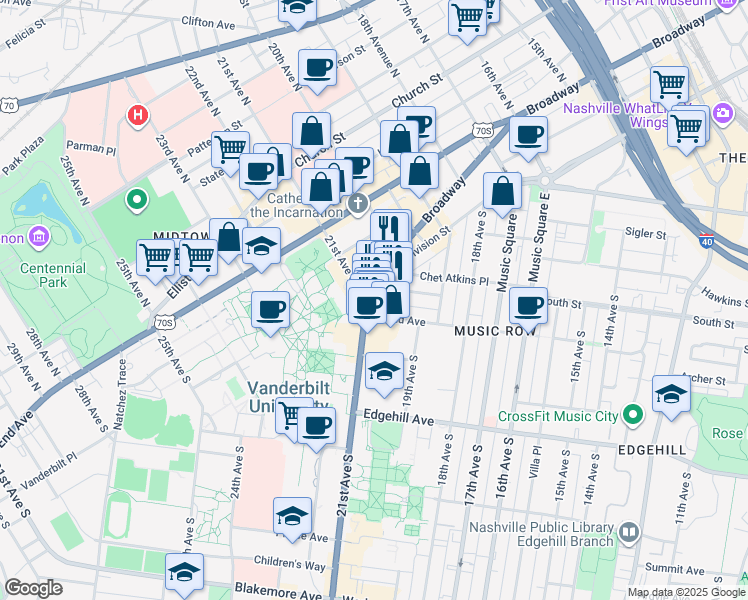 map of restaurants, bars, coffee shops, grocery stores, and more near 2033 Broadway in Nashville