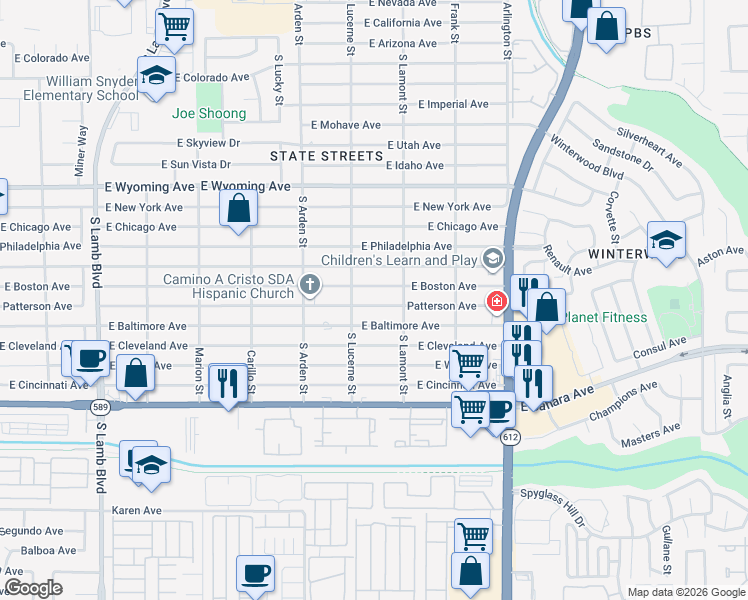 map of restaurants, bars, coffee shops, grocery stores, and more near 4738 Patterson Avenue in Las Vegas